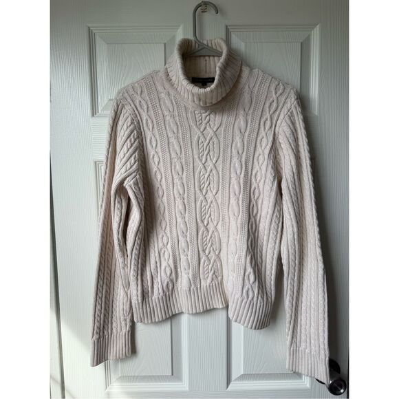 Fisherman Sweater 100% Cotton Vintage Large Cream Turtle Neck Chunky Heavy Winte - Picture 1 of 4